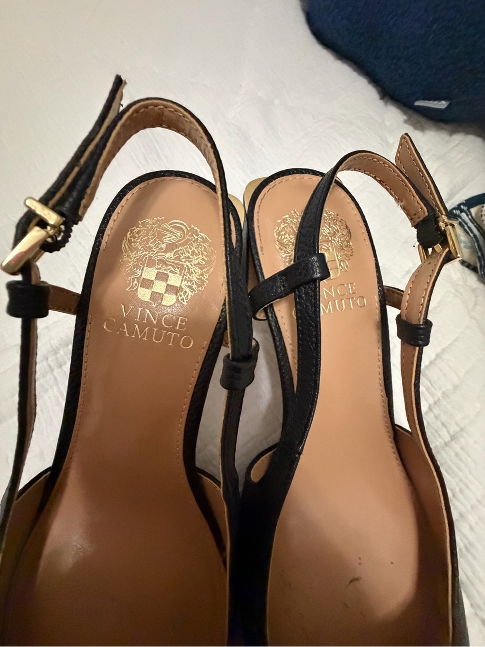 Vince Camuto Black Pointed Slingback Mules with Gold Buckle - Picture 3 of 4